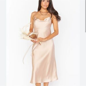 Show Me Your MuMu Satin Midi Dress in Champagne